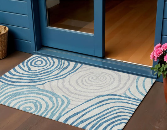 3' X 5' Teal Blue Ivory And Silver Abstract Washable Indoor Outdoor Area Rug