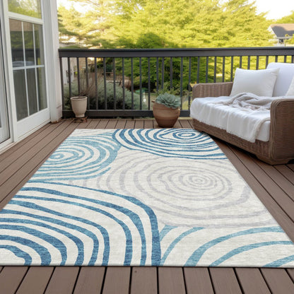 3' X 5' Teal Blue Ivory And Silver Abstract Washable Indoor Outdoor Area Rug