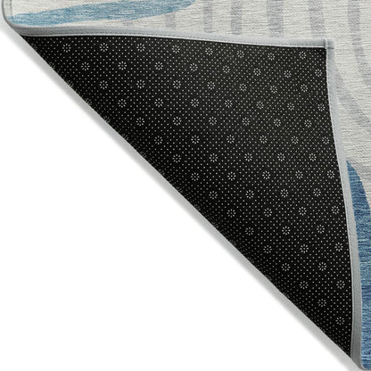 3' X 5' Teal Blue Ivory And Silver Abstract Washable Indoor Outdoor Area Rug