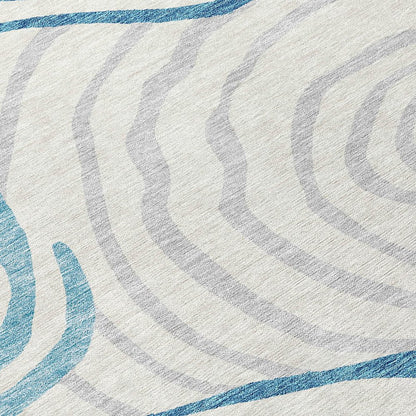 3' X 5' Teal Blue Ivory And Silver Abstract Washable Indoor Outdoor Area Rug