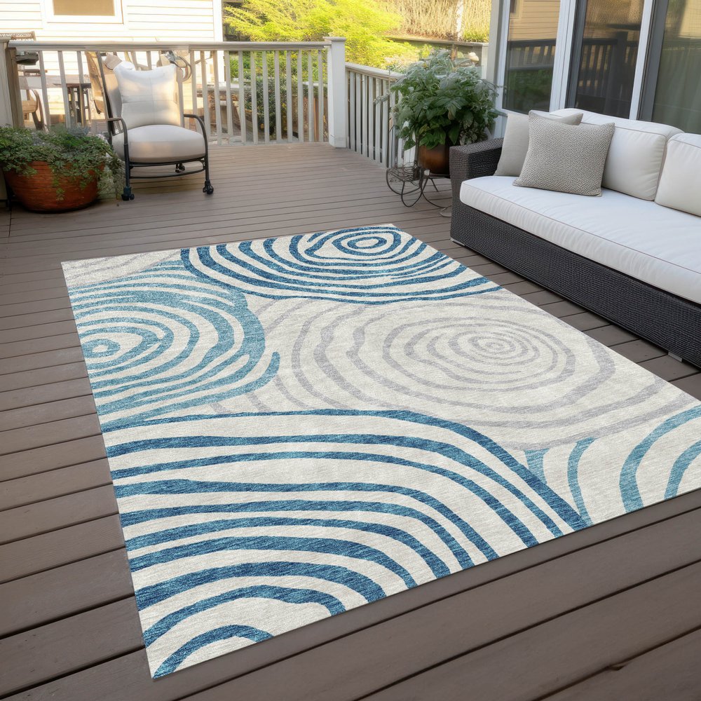 3' X 5' Teal Blue Ivory And Silver Abstract Washable Indoor Outdoor Area Rug