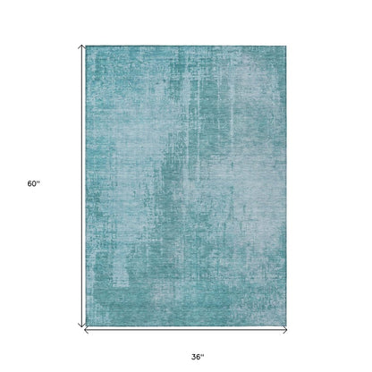 3' X 5' Aqua Teal Blue And Gray Abstract Washable Indoor Outdoor Area Rug