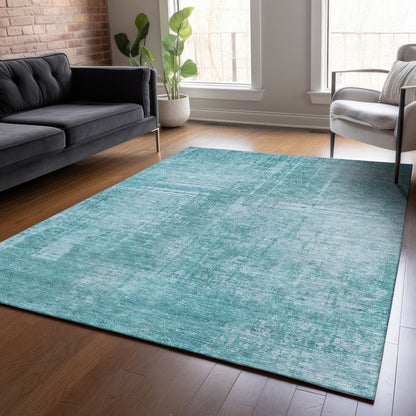 3' X 5' Aqua Teal Blue And Gray Abstract Washable Indoor Outdoor Area Rug