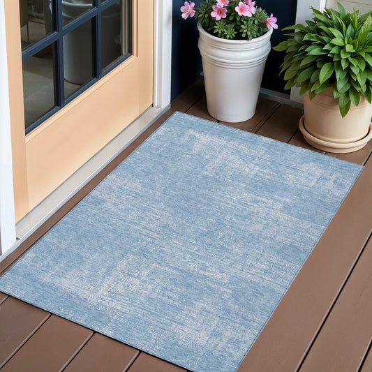 3' X 5' Navy Blue And Sky Blue Abstract Washable Indoor Outdoor Area Rug