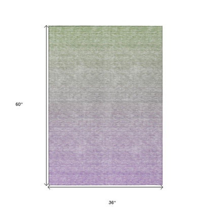 3' X 5' Artichoke Green And Lavender Ombre Washable Indoor Outdoor Area Rug