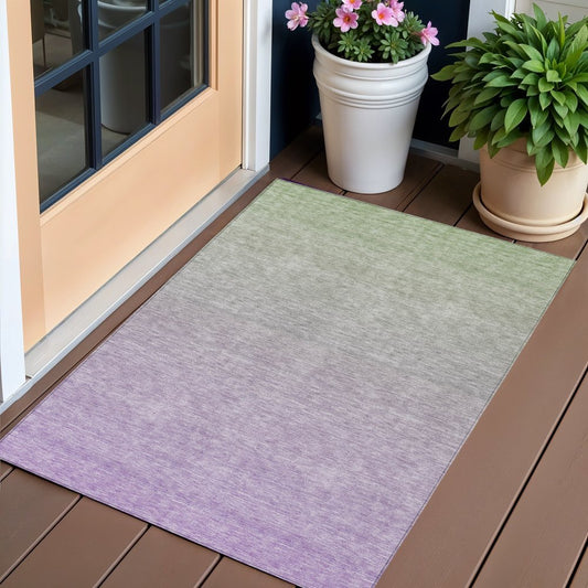 3' X 5' Artichoke Green And Lavender Ombre Washable Indoor Outdoor Area Rug
