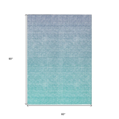 3' X 5' Sky Blue And Teal Blue Ombre Washable Indoor Outdoor Area Rug