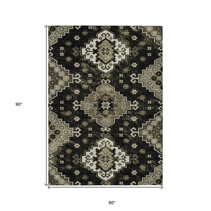 3' X 5' Black Ivory And Taupe Medallion Washable Indoor Outdoor Area Rug