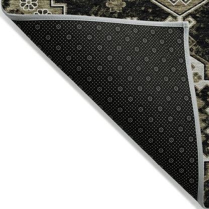 3' X 5' Black Ivory And Taupe Medallion Washable Indoor Outdoor Area Rug