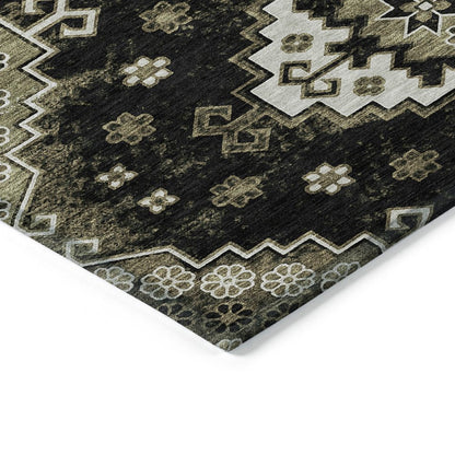 3' X 5' Black Ivory And Taupe Medallion Washable Indoor Outdoor Area Rug