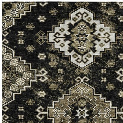 3' X 5' Black Ivory And Taupe Medallion Washable Indoor Outdoor Area Rug