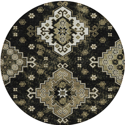 3' X 5' Black Ivory And Taupe Medallion Washable Indoor Outdoor Area Rug