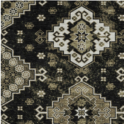 3' X 5' Black Ivory And Taupe Medallion Washable Indoor Outdoor Area Rug