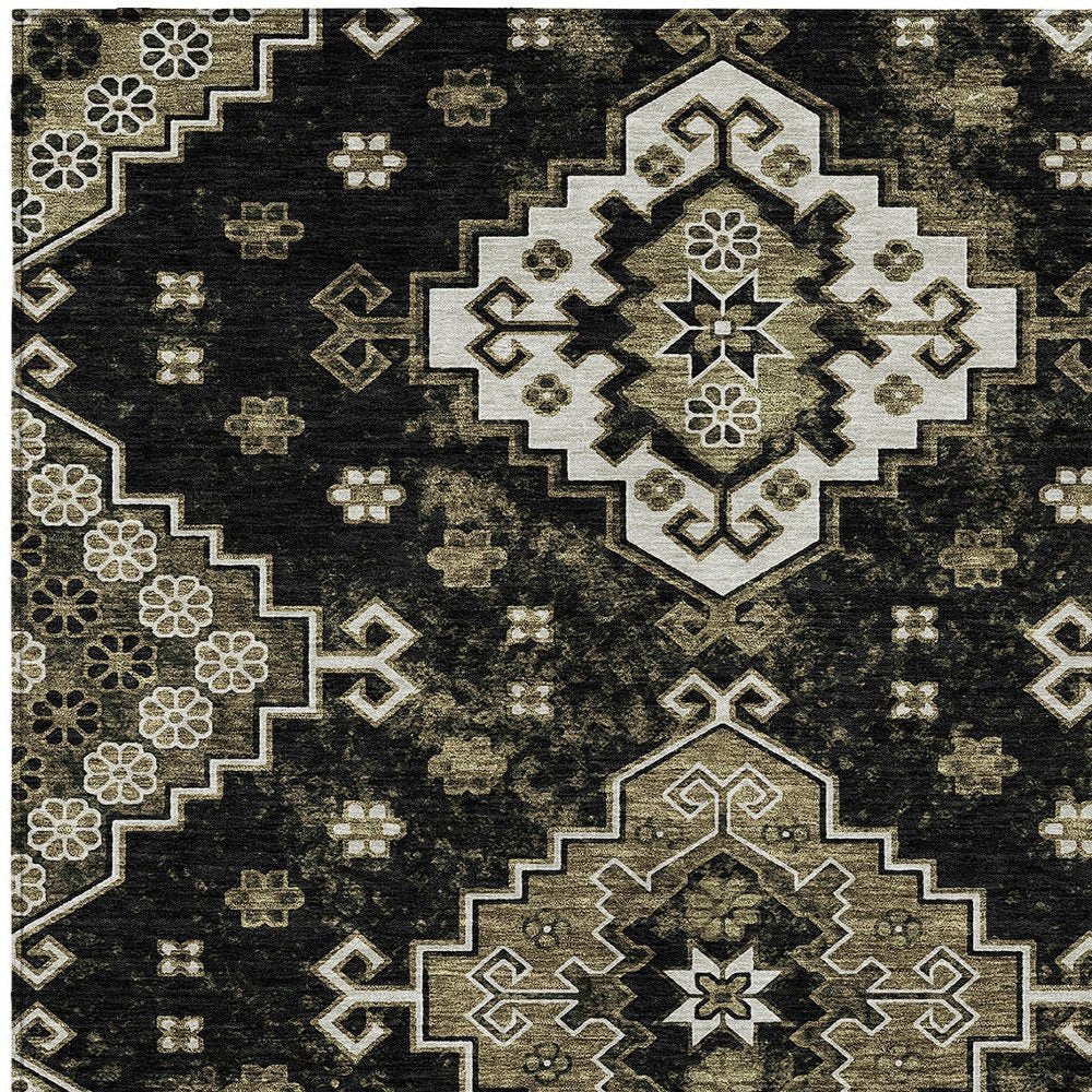 3' X 5' Black Ivory And Taupe Medallion Washable Indoor Outdoor Area Rug