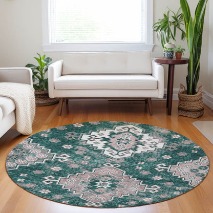 3' X 5' Emerald Brown And Ivory Medallion Washable Indoor Outdoor Area Rug