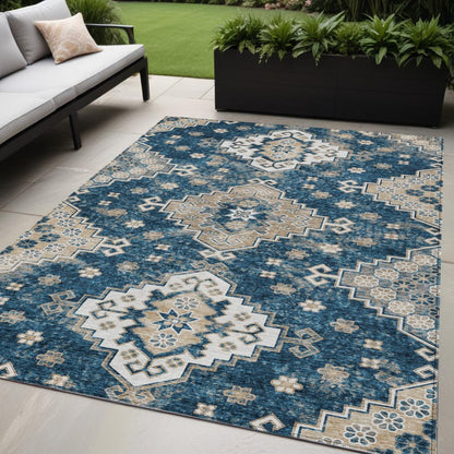 3' X 5' Navy Blue Beige And Ivory Medallion Washable Indoor Outdoor Area Rug