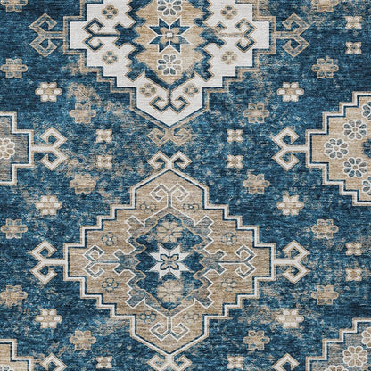 3' X 5' Navy Blue Beige And Ivory Medallion Washable Indoor Outdoor Area Rug