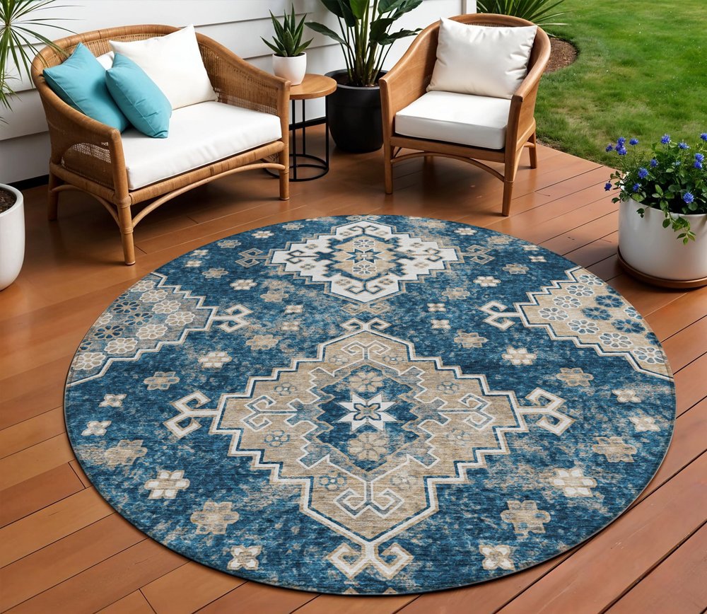 3' X 5' Navy Blue Beige And Ivory Medallion Washable Indoor Outdoor Area Rug