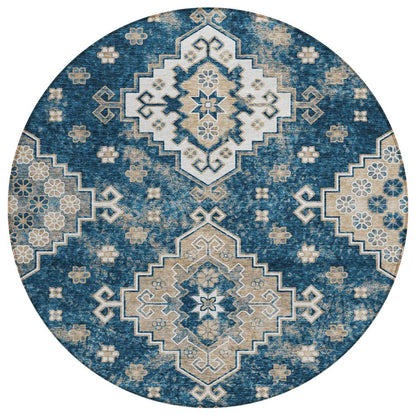 3' X 5' Navy Blue Beige And Ivory Medallion Washable Indoor Outdoor Area Rug
