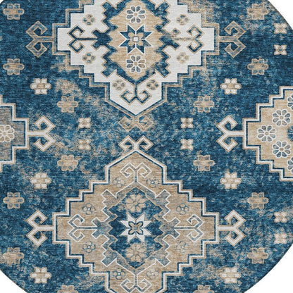 3' X 5' Navy Blue Beige And Ivory Medallion Washable Indoor Outdoor Area Rug