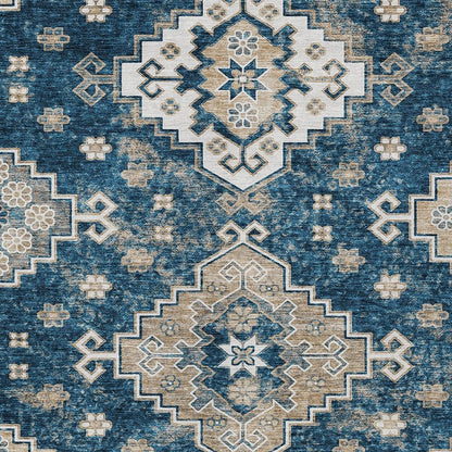 3' X 5' Navy Blue Beige And Ivory Medallion Washable Indoor Outdoor Area Rug