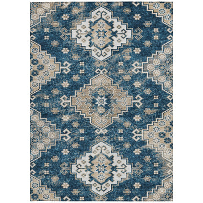 3' X 5' Navy Blue Beige And Ivory Medallion Washable Indoor Outdoor Area Rug