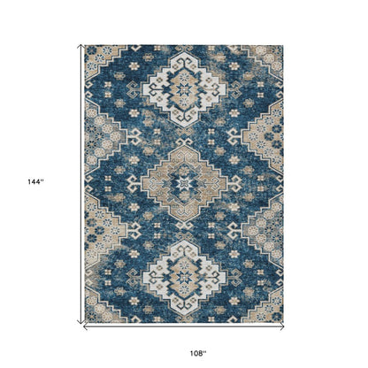 3' X 5' Navy Blue Beige And Ivory Medallion Washable Indoor Outdoor Area Rug