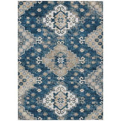 3' X 5' Navy Blue Beige And Ivory Medallion Washable Indoor Outdoor Area Rug