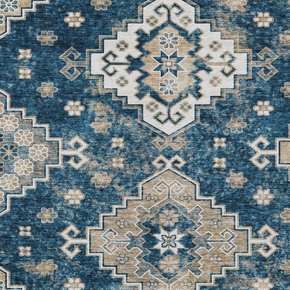 3' X 5' Navy Blue Beige And Ivory Medallion Washable Indoor Outdoor Area Rug