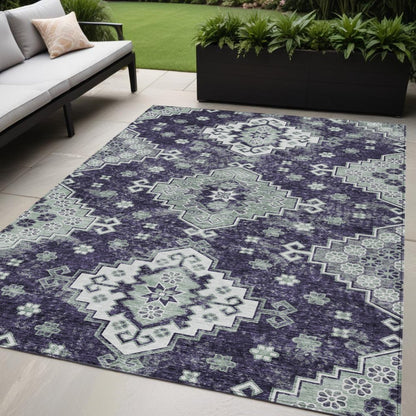 3' X 5' Purple Eggplant And Sage Medallion Washable Indoor Outdoor Area Rug