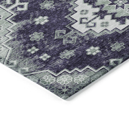 3' X 5' Purple Eggplant And Sage Medallion Washable Indoor Outdoor Area Rug