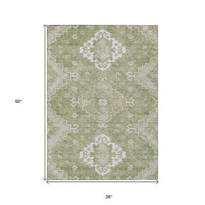 3' X 5' Artichoke Green Beige And Ivory Medallion Washable Indoor Outdoor Area Rug