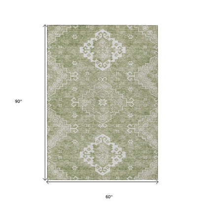 3' X 5' Artichoke Green Beige And Ivory Medallion Washable Indoor Outdoor Area Rug