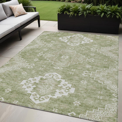 3' X 5' Artichoke Green Beige And Ivory Medallion Washable Indoor Outdoor Area Rug