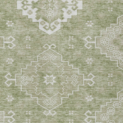 3' X 5' Artichoke Green Beige And Ivory Medallion Washable Indoor Outdoor Area Rug