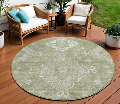 3' X 5' Artichoke Green Beige And Ivory Medallion Washable Indoor Outdoor Area Rug