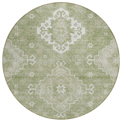 3' X 5' Artichoke Green Beige And Ivory Medallion Washable Indoor Outdoor Area Rug