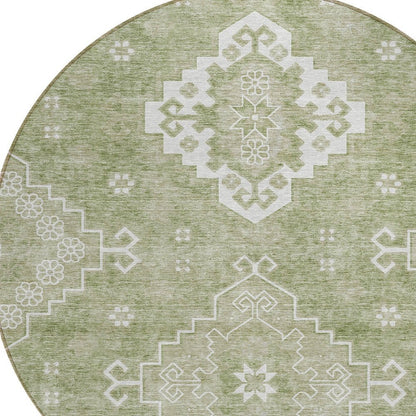 3' X 5' Artichoke Green Beige And Ivory Medallion Washable Indoor Outdoor Area Rug