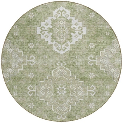 3' X 5' Artichoke Green Beige And Ivory Medallion Washable Indoor Outdoor Area Rug