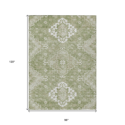 3' X 5' Artichoke Green Beige And Ivory Medallion Washable Indoor Outdoor Area Rug