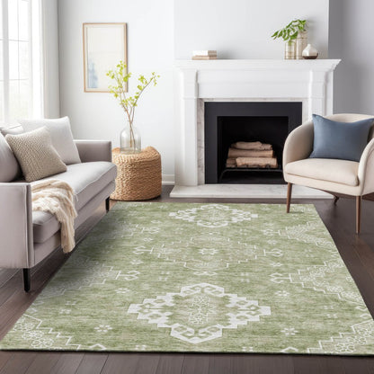 3' X 5' Artichoke Green Beige And Ivory Medallion Washable Indoor Outdoor Area Rug