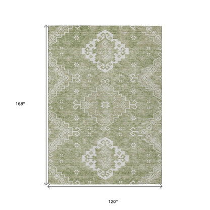 3' X 5' Artichoke Green Beige And Ivory Medallion Washable Indoor Outdoor Area Rug