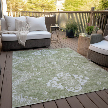 3' X 5' Artichoke Green Beige And Ivory Medallion Washable Indoor Outdoor Area Rug