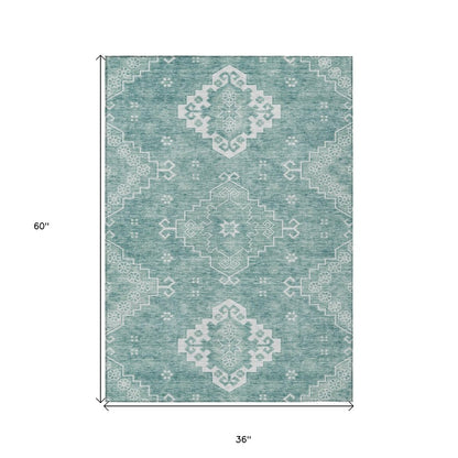 3' X 5' Aqua Teal Blue And Ivory Medallion Washable Indoor Outdoor Area Rug