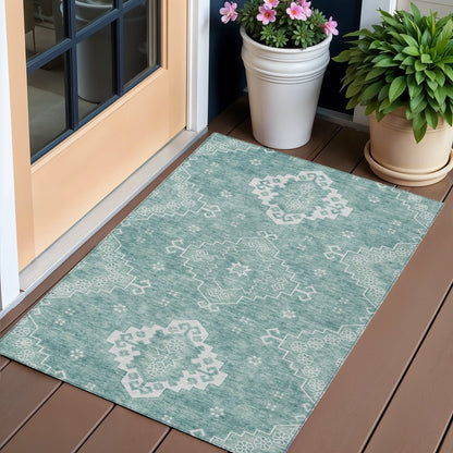 3' X 5' Aqua Teal Blue And Ivory Medallion Washable Indoor Outdoor Area Rug