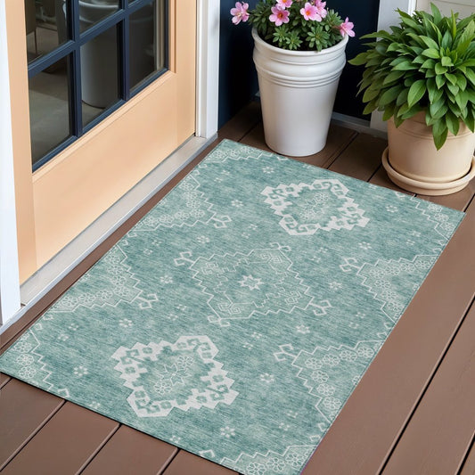 3' X 5' Aqua Teal Blue And Ivory Medallion Washable Indoor Outdoor Area Rug