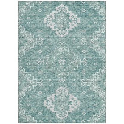 3' X 5' Aqua Teal Blue And Ivory Medallion Washable Indoor Outdoor Area Rug