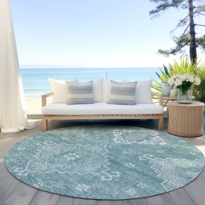 3' X 5' Aqua Teal Blue And Ivory Medallion Washable Indoor Outdoor Area Rug