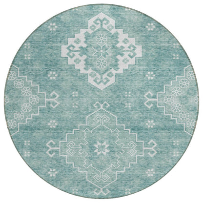 3' X 5' Aqua Teal Blue And Ivory Medallion Washable Indoor Outdoor Area Rug