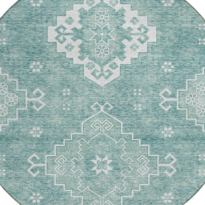 3' X 5' Aqua Teal Blue And Ivory Medallion Washable Indoor Outdoor Area Rug